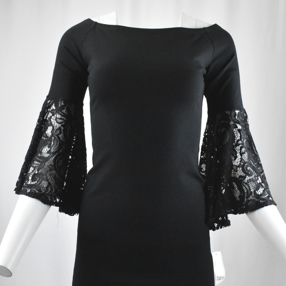 !Black Lace-Sleeve Off-the-Shoulder Sheath Dress!